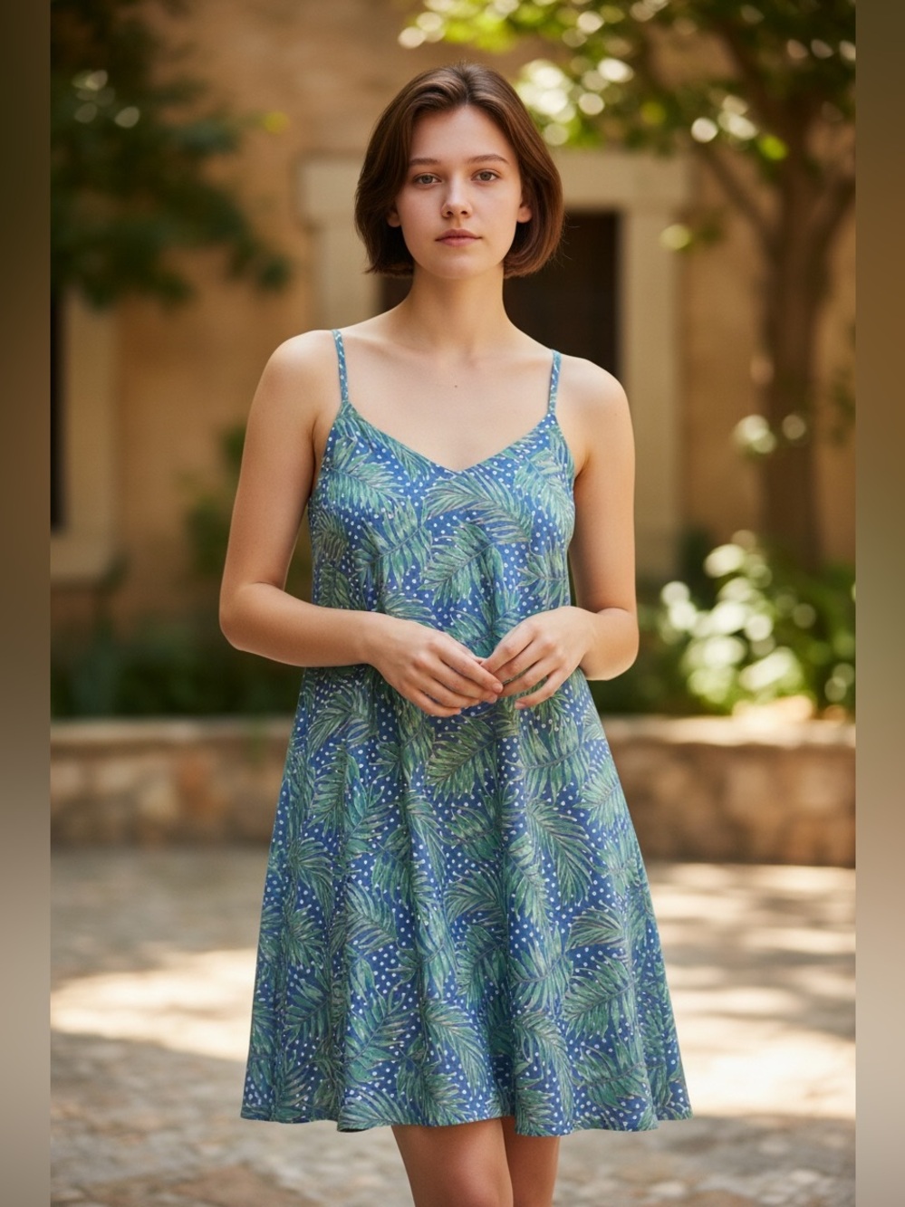 Jadelynn Brooke Tropical Print Swing Mini Dress Blue Green Coral Size Large